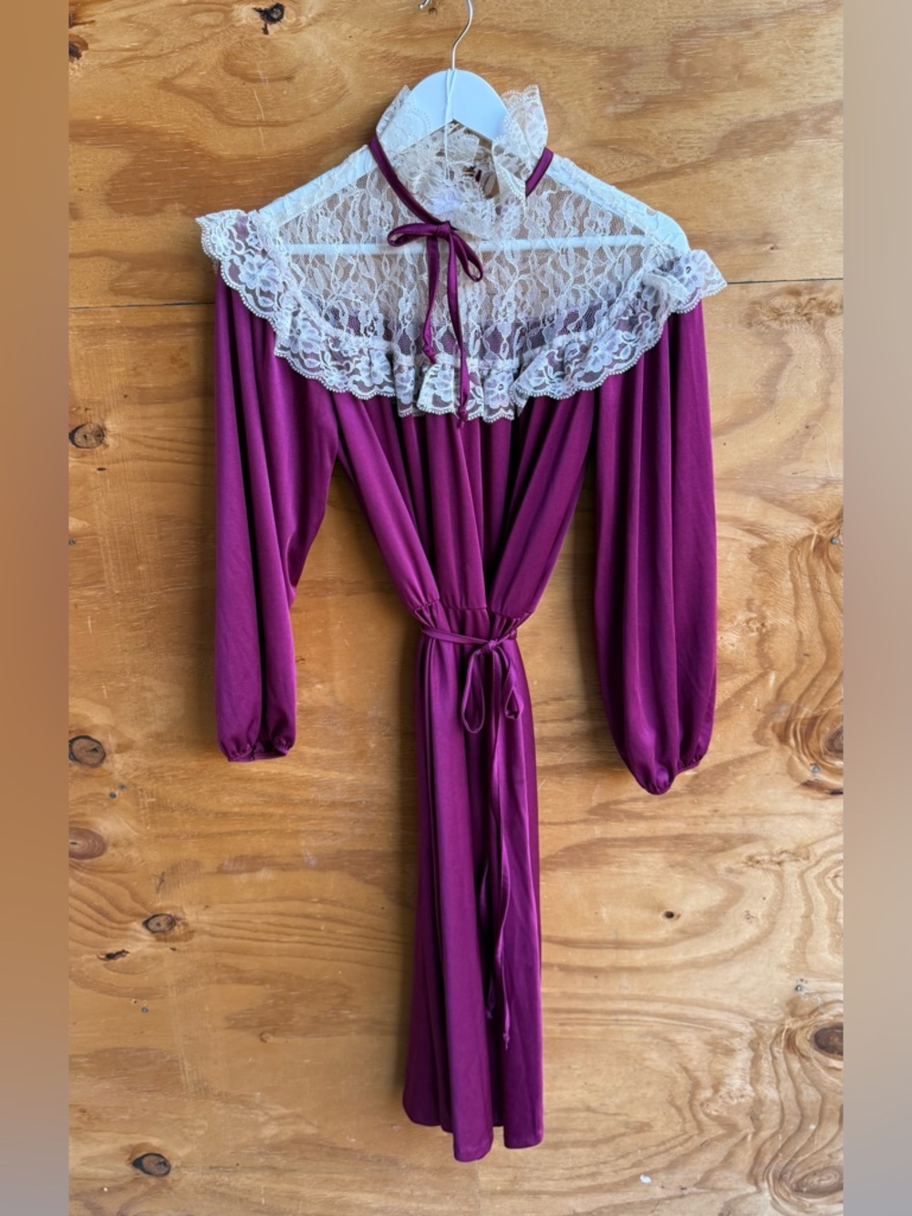 Vtg Wine Lace Collar Midi Dress Fit-Flared Long Sleeve ILGWU Unionmade Dre - Picture 11 of 12